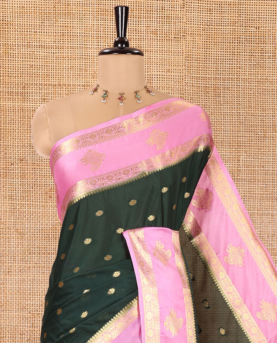 Green Art Mysore Silk Saree, Adorned with Zari Buttas All Over Its Body, Complemented by a Contrast Traditional Zari Border, Pallu Features Zari Designs, and Paired with a Contrast Blouse