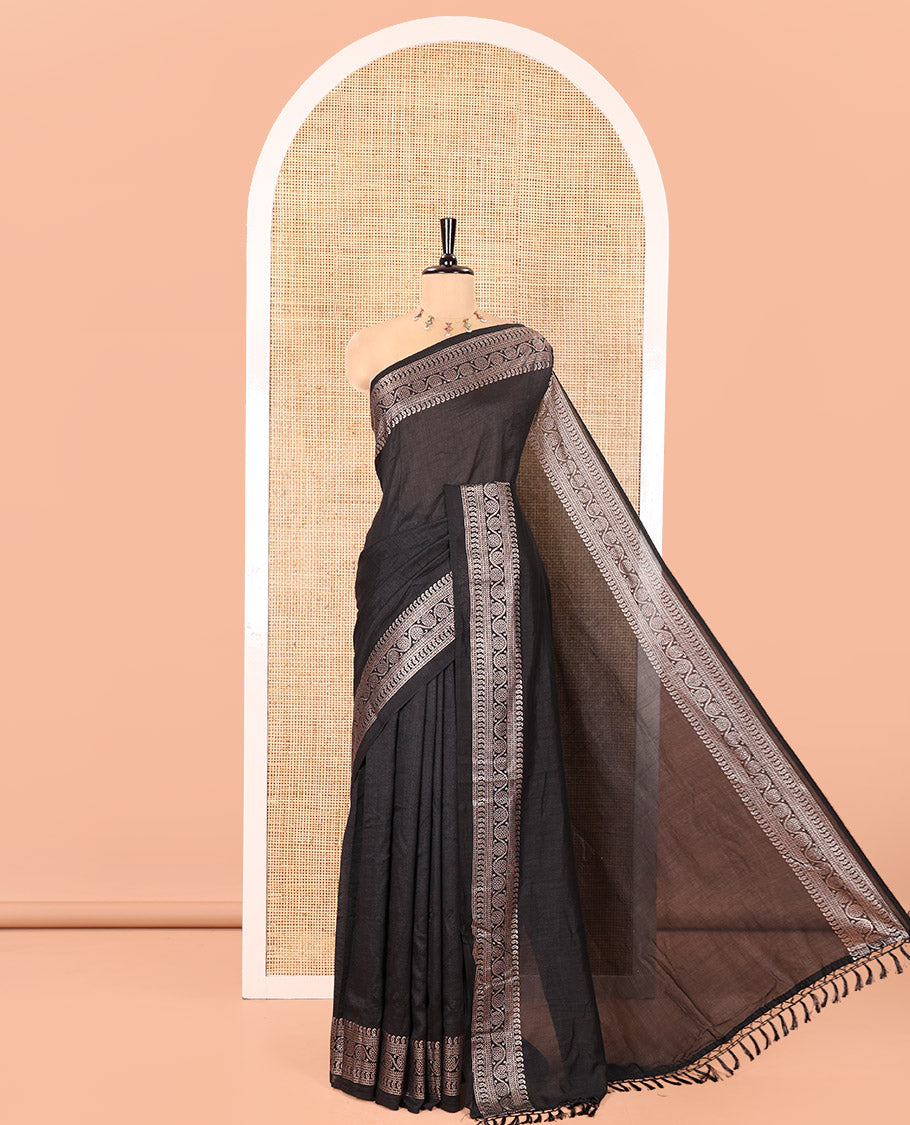 Black Plain Vichitra Silk Saree, Subtle Traditional Motifs Woven Border, Plain Pallu, and Paired with a Matching Blouse