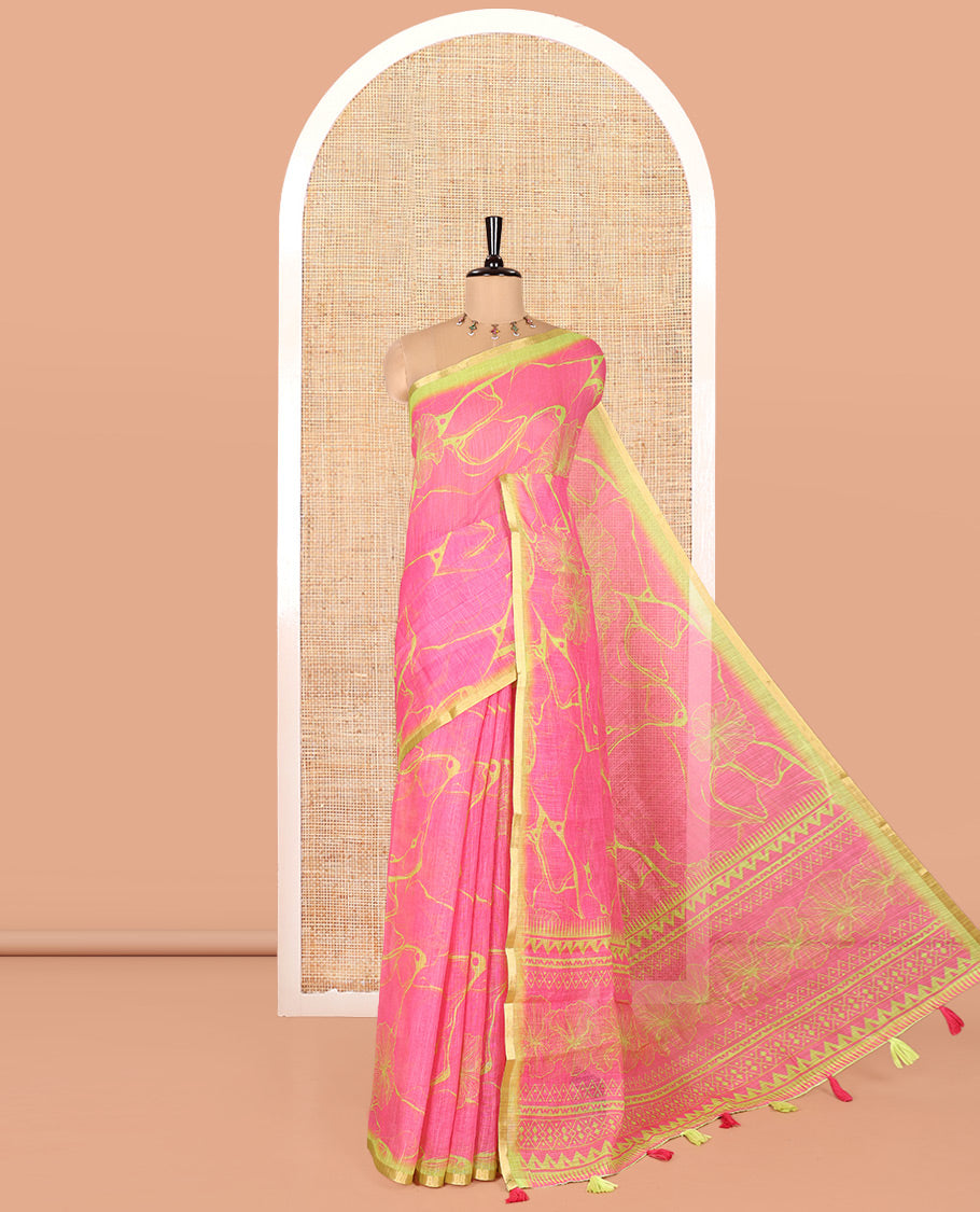 Rani Pink Linen Cotton Saree, Accentuated with Abstract Floral Print On Its Body, Subtle Piping Border, Pallu of Floral and Geometric Print, and Paired with a Contrast Blouse