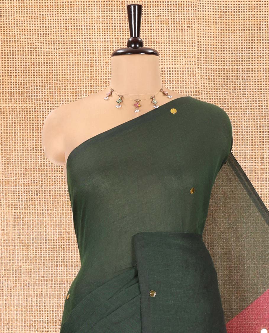 Borderless Green Khadi Mul Cotton Saree, Adorned with Sequins Work All Over Its Body, Complemented by Contrast Pallu of Sequins Work and Paired with a Contrast Blouse
