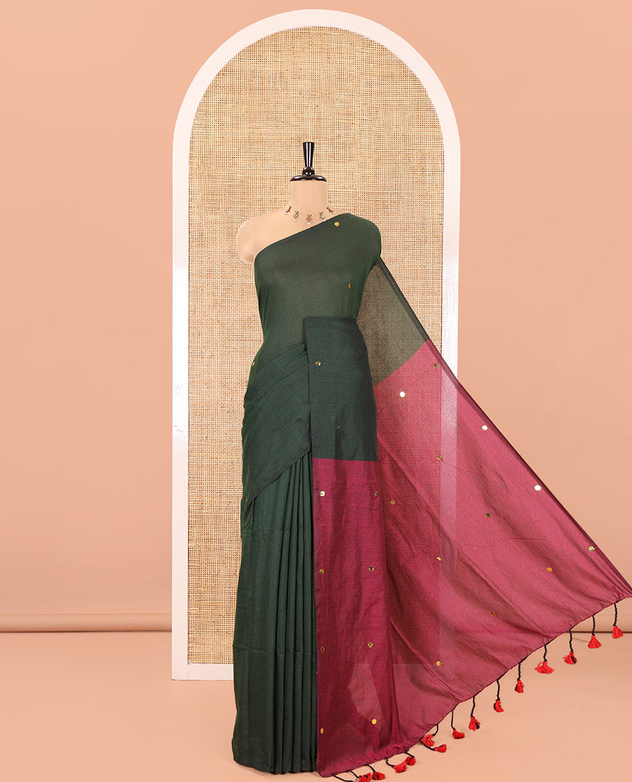 Borderless Green Khadi Mul Cotton Saree, Adorned with Sequins Work All Over Its Body, Complemented by Contrast Pallu of Sequins Work and Paired with a Contrast Blouse