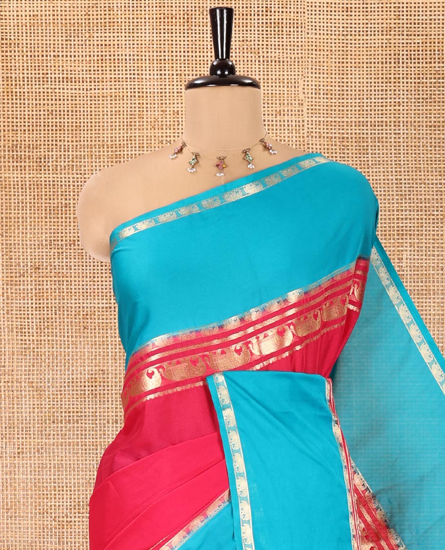 Pink Plain Art Mysore Silk Saree, Complemented by Captivating Contrast Rettai Pettu Traditional Border of Elephant Zari Buttas, Striped Pallu, and Paired with a Contrast Blouse