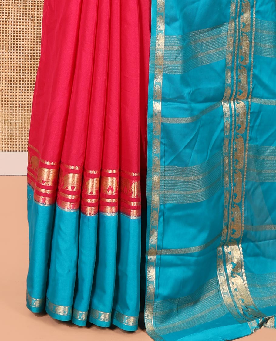 Pink Plain Art Mysore Silk Saree, Complemented by Captivating Contrast Rettai Pettu Traditional Border of Elephant Zari Buttas, Striped Pallu, and Paired with a Contrast Blouse