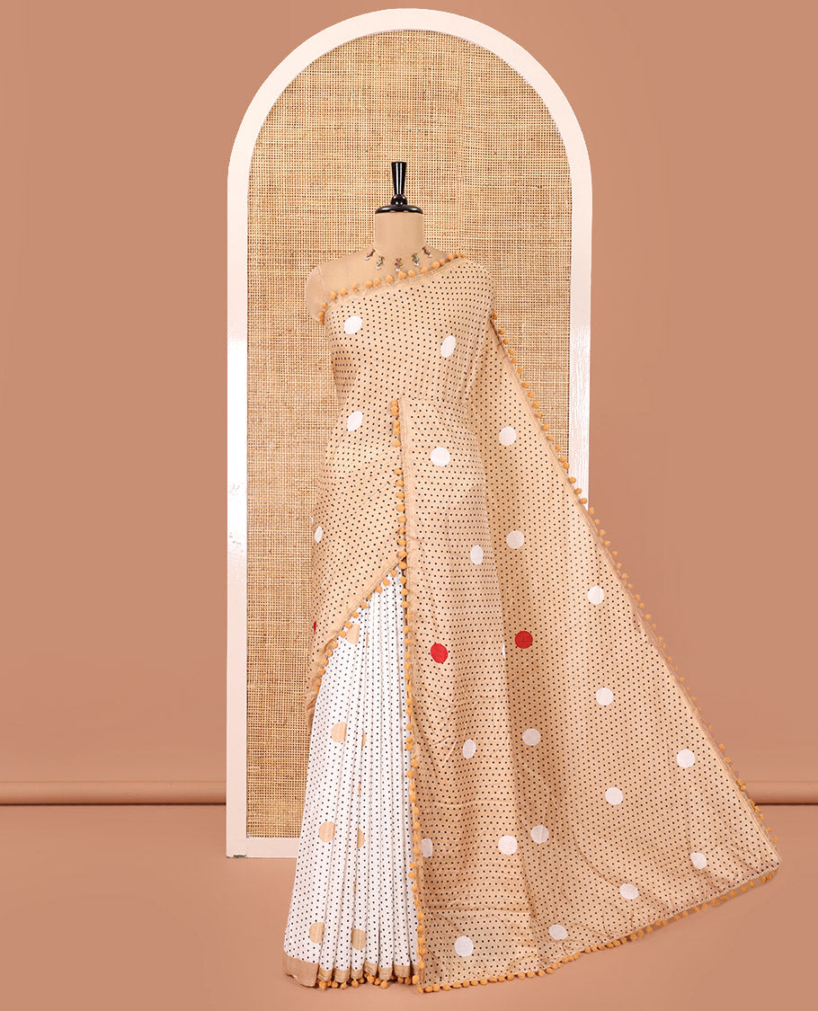 Chikku Chanderi Cotton Saree, Steeped with Small and Big Polka Dots on Its Body, Subtle Pom-Pom Tasseled Border, a Self-Pallu, and Paired with a Contrast Blouse
