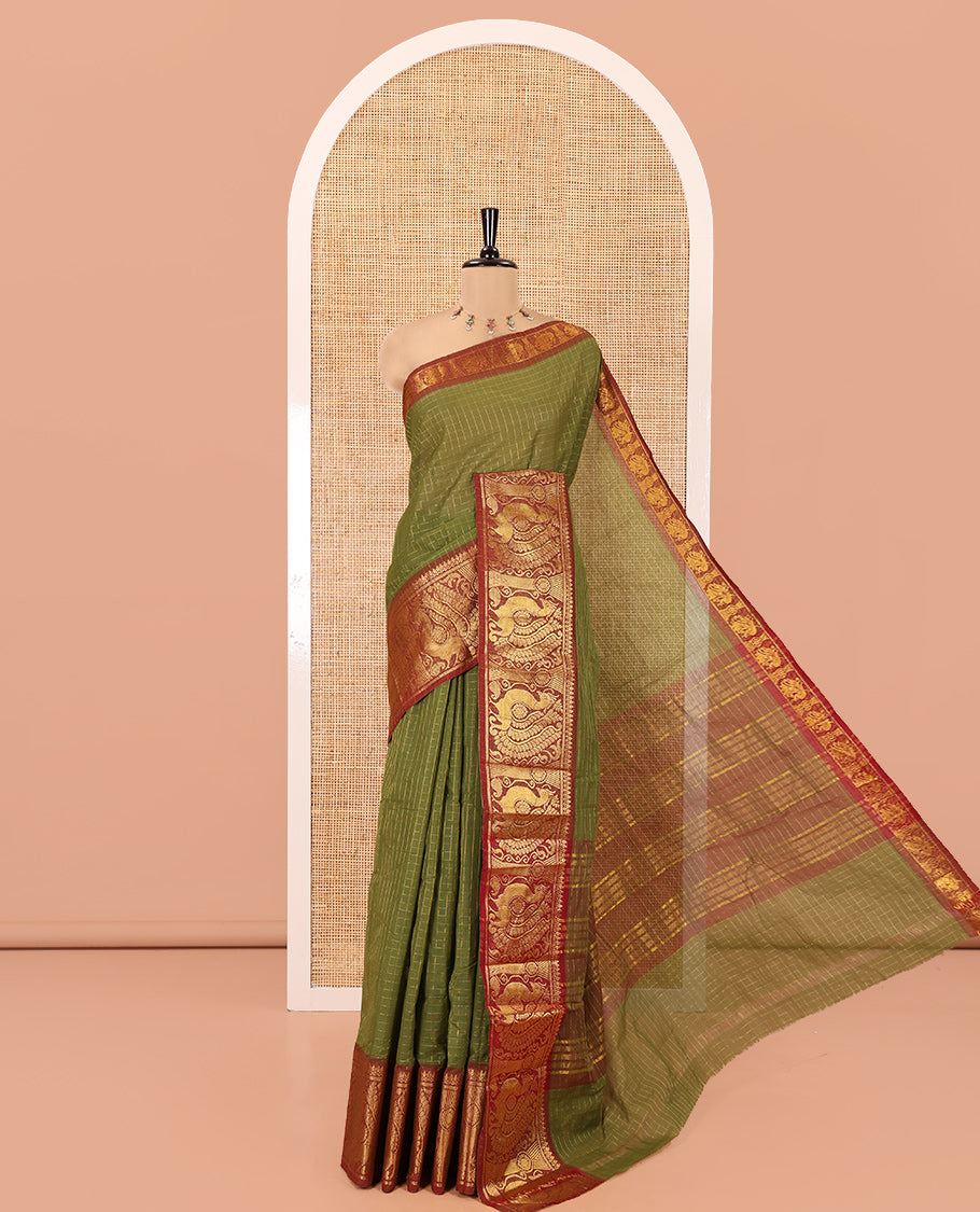 Olive Green Chettinad Cotton Saree, Gleamed Up Checked Design All Over Its Body, Complemented by a Contrast Traditional Zari Border of Peacock Designs, Zari-Striped Pallu, and Has No Blouse