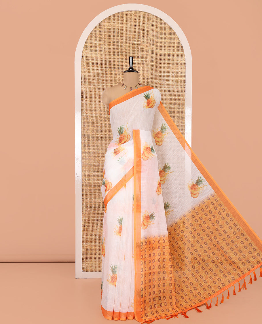 White Linen Cotton Saree, Artfully Printed with Pineapple Motifs All Over Its Body, Complemented by a Contrast Border, Geometric -Printed Pallu, and Paired with a Contrast Blouse