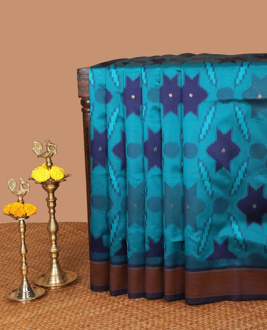 Peacock blue pochmmpally ikkat design mulberry silk saree with zari katti border & zari ikkat desig pallu along with contrast blouse