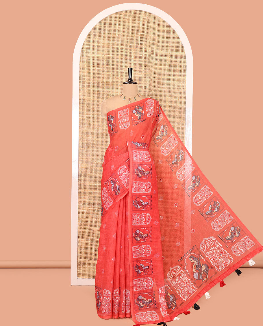 Red Linen Cotton Saree, Adorned with Buttas and Mirror Work, an Intricate Printed Border, and a Matching Blouse