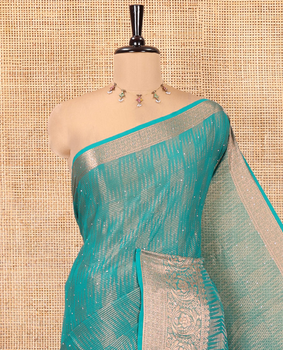Green Chiffon Saree, Richly Woven with Ikat-Style Weave and Stonework, a Traditional Border, a Floral Design Pallu, and a Matching Blouse
