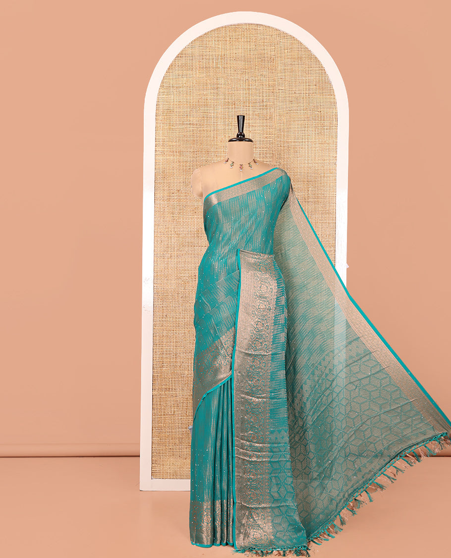 Green Chiffon Saree, Richly Woven with Ikat-Style Weave and Stonework, a Traditional Border, a Floral Design Pallu, and a Matching Blouse