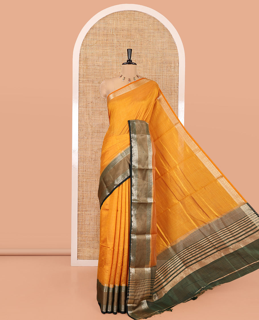 Mustard Plain Art Tussar Saree, Complemented by Contrast Rettai Pettu Border, Striped Pallu, and a Contrast Blouse