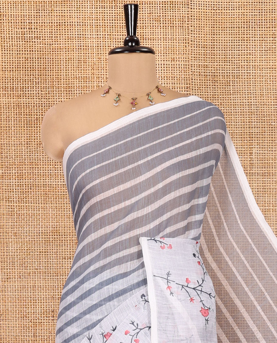 Borderless Grey Linen Cotton Saree Features Stripes, Floral Print, Striped Pallu, and a Matching Blouse