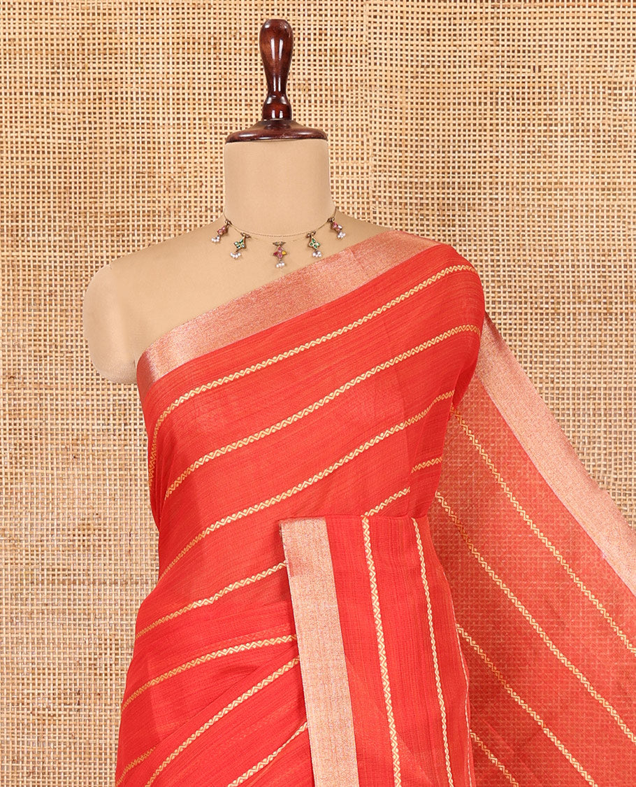 Red Semi-Silk Cotton Saree, Adorned with Veldhari Stripes, Gold Zari Border, Contrast Striped Pallu and a Contrast Blouse