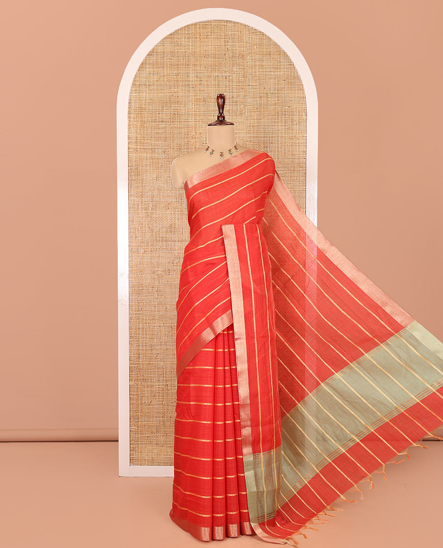 Red Semi-Silk Cotton Saree, Adorned with Veldhari Stripes, Gold Zari Border, Contrast Striped Pallu and a Contrast Blouse