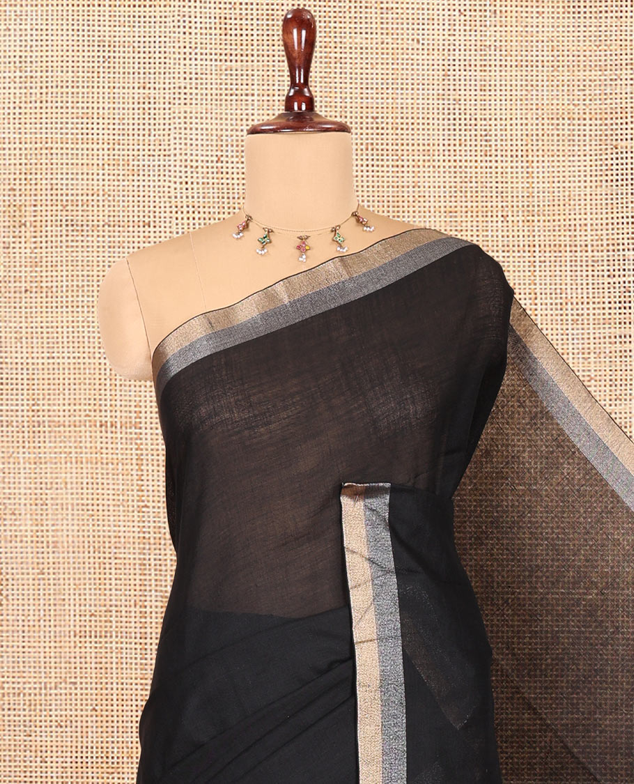 Black Plain Linen Cotton Saree, a Subtle Zari Border, a Self-Pallu, and Matching Blouse