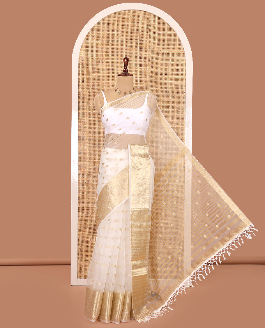 Cream Semi-Organza Saree, Steeped in Richness of Zari Buttas, Highlighted by a Zari Floral Creeper Border, and a Matching Blouse