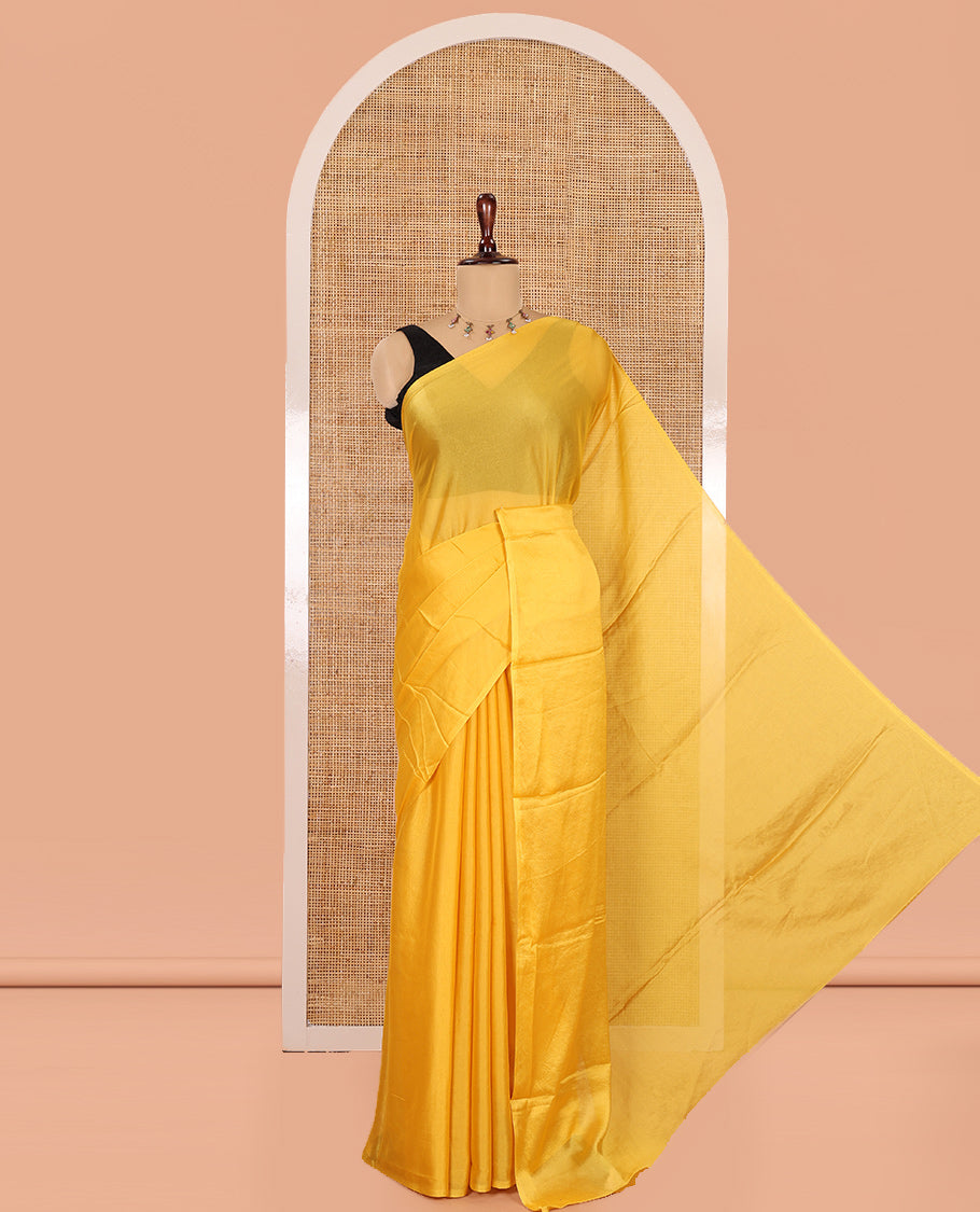 Borderless Yellow Plain Crushed Rangoli Chiffon Saree, Comes with a Matching Designer Blouse