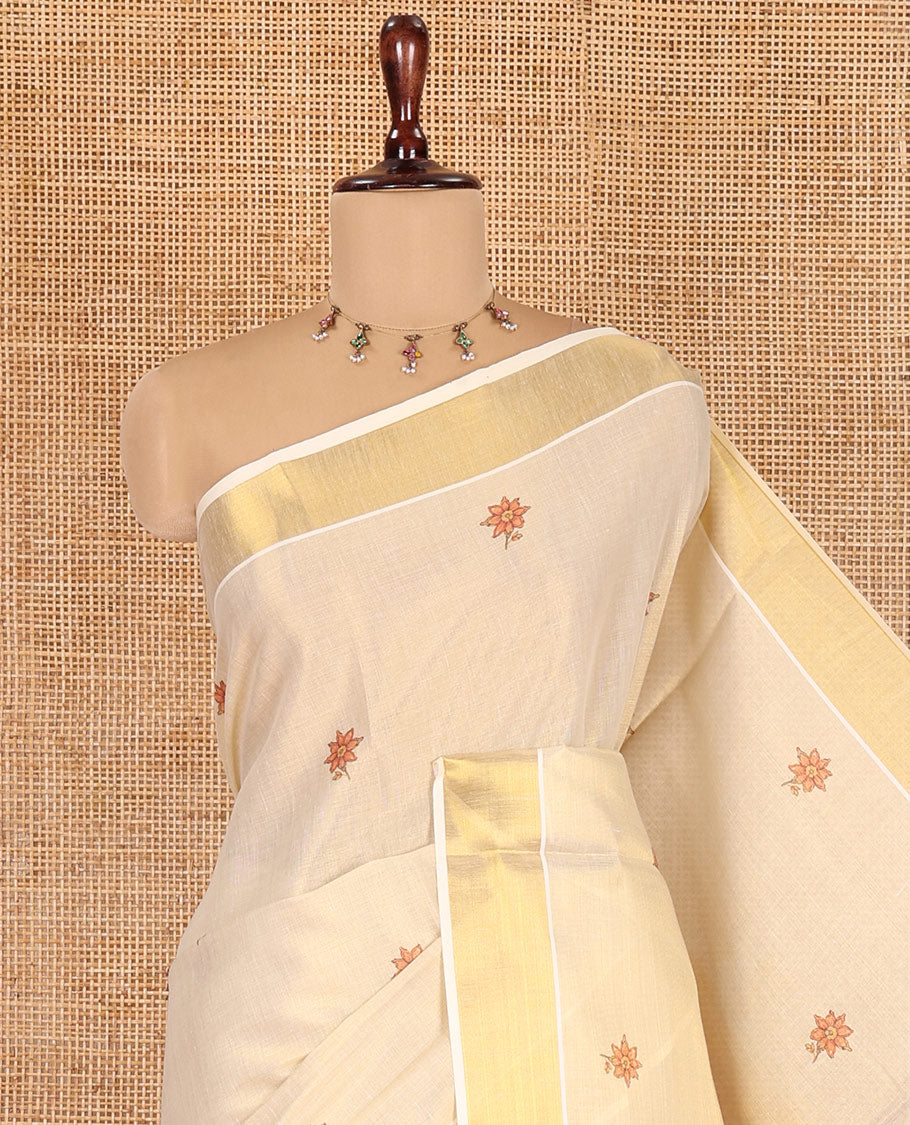 Gold Kerala Cotton Saree, Adorned with Floral Print, a Zari Border, Pallu of Bharatanatyam Girl Figurine, and a Contrast Blouse