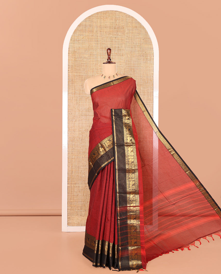 Maroon Striped Chettinad Cotton Saree, Complemented by a Contrast Traditional Temple Border, Striped Pallu, and a Matching Blouse