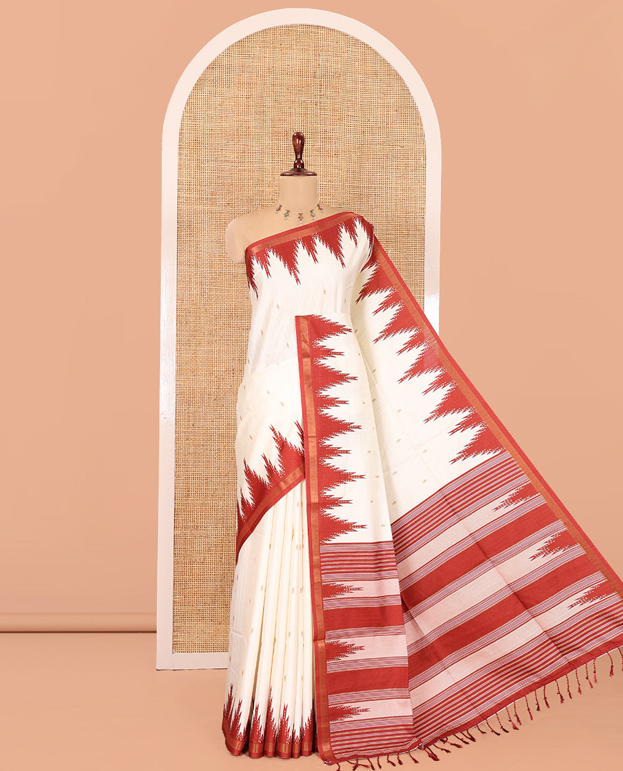 Cream-Maroon Katan Silk Saree Features Buttas, Complemented by Contrast Temple Zari Border, Striped Pallu, and a Contrast Blouse