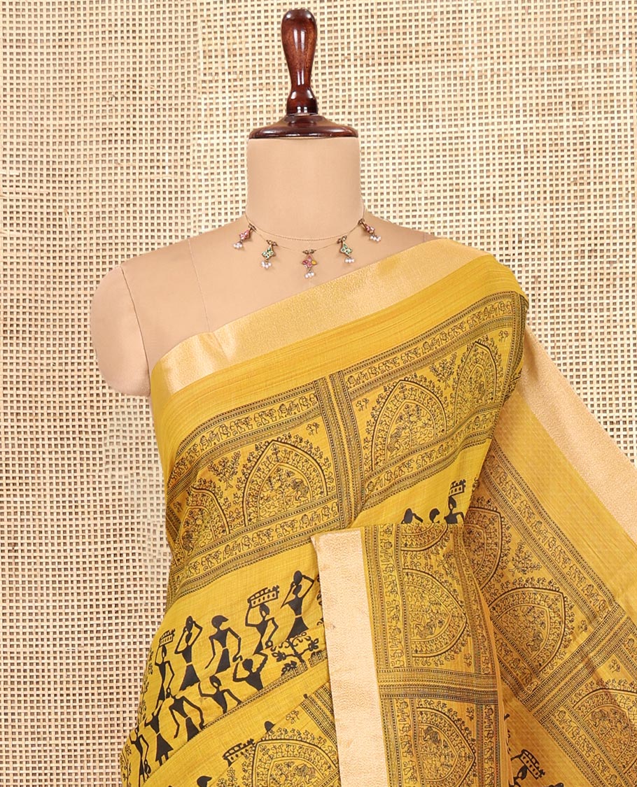 Yellow Semi-Silk Cotton Saree, Adorned with Warli Print, a Tissue Border, Contrast Warli Printed Pallu, and a Contrast Blouse