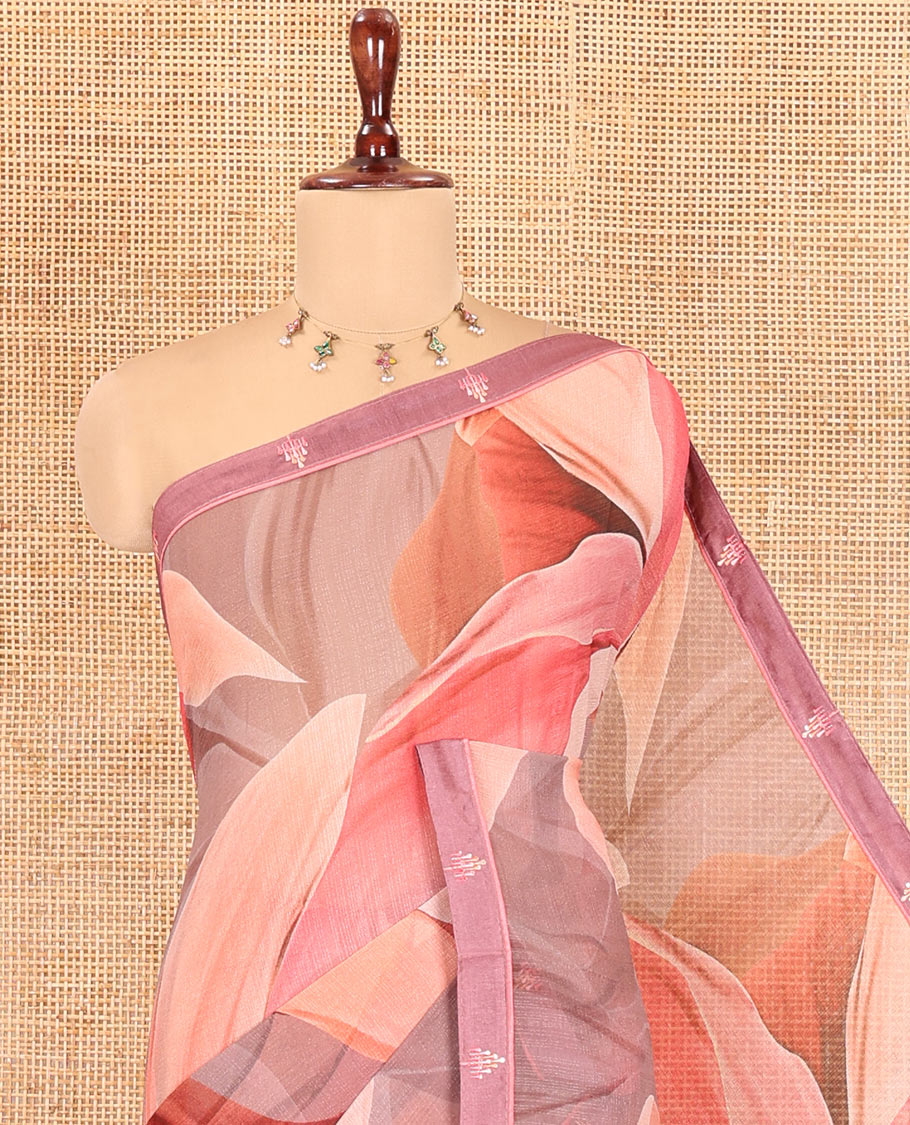 Dusky Pink Chiffon Saree Features Abstract Floral Print, Lace Embroidery Border, and Matching Blouse