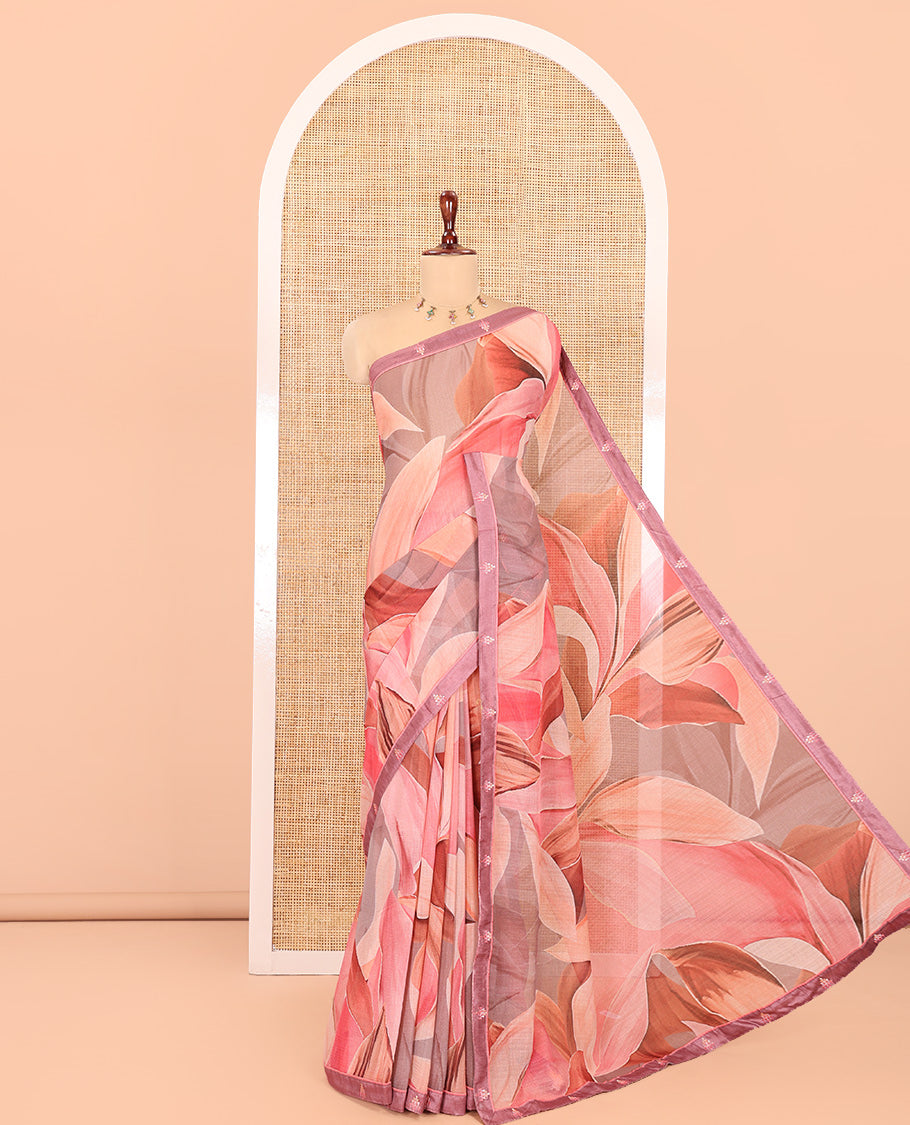 Dusky Pink Chiffon Saree Features Abstract Floral Print, Lace Embroidery Border, and Matching Blouse