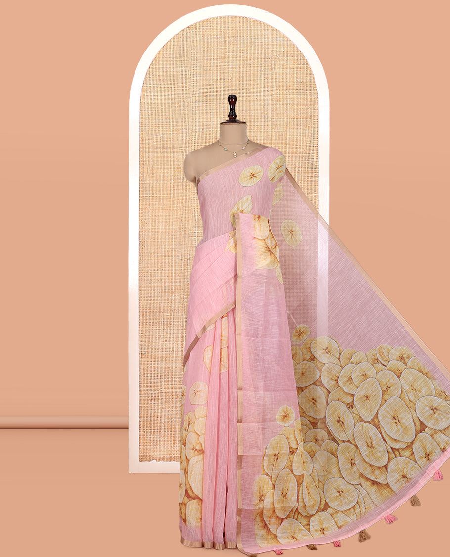 Borderless Light Pink Nentharanga Chips Printed Chanderi Cotton Saree, a Piping Border, Matching Blouse