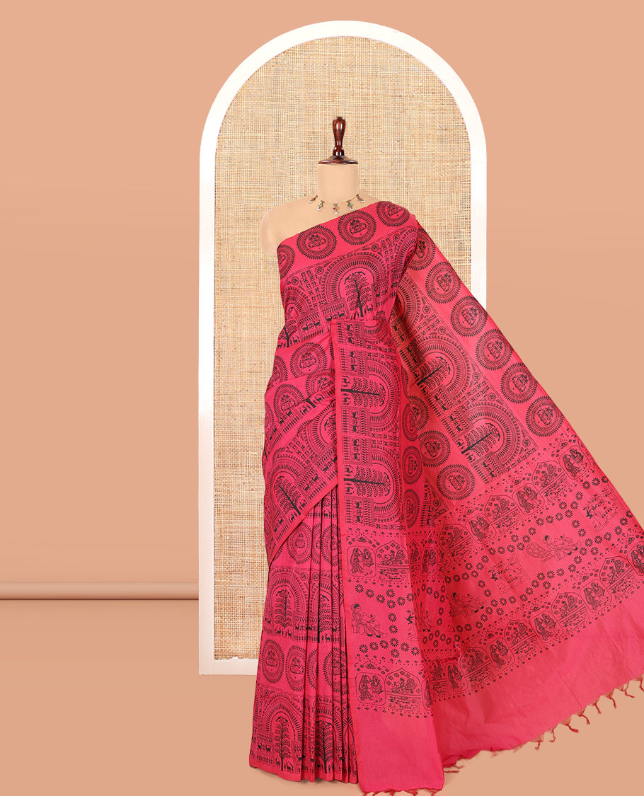 Borderless Pink Warli Printed South Cotton Saree, Printed Pallu and a Matching Blouse