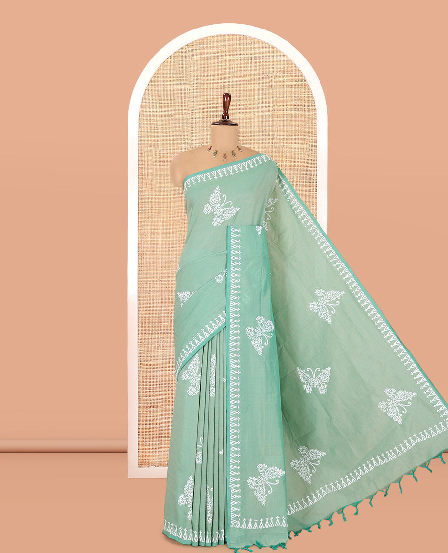 Green South Cotton Saree Features Butterfly Motifs, a Block-Printed Border, and a Contrast Blouse