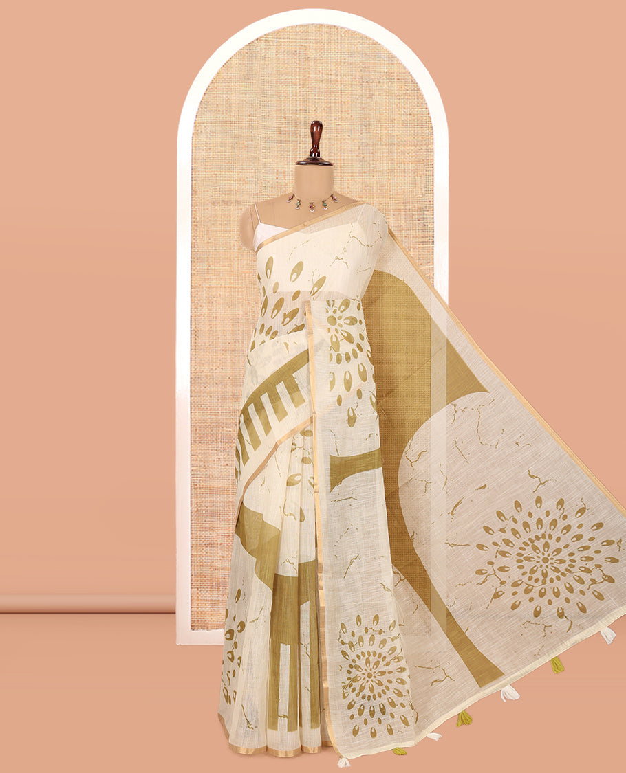 Borderless Green Linen Cotton Saree, Adorned with Geometric-Abstract Print and a Contrast Blouse