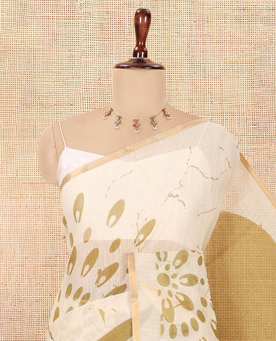 Borderless Green Linen Cotton Saree, Adorned with Geometric-Abstract Print and a Contrast Blouse