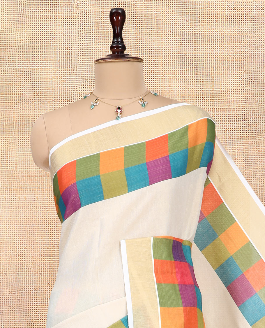 Gold Plain Kerala Tissue Cotton Saree, a Contrast Medium-Size Multi-Color Checked Border, Checked Pallu, and a Contrast Blouse