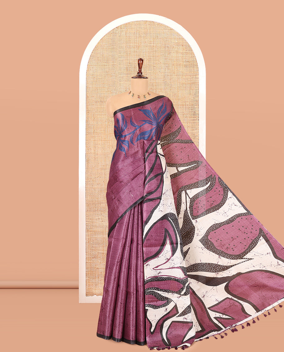 Lavender Batik-Style Floral Printed Art Khadi Cotton Saree, a Contrast Border, and a Matching Blouse
