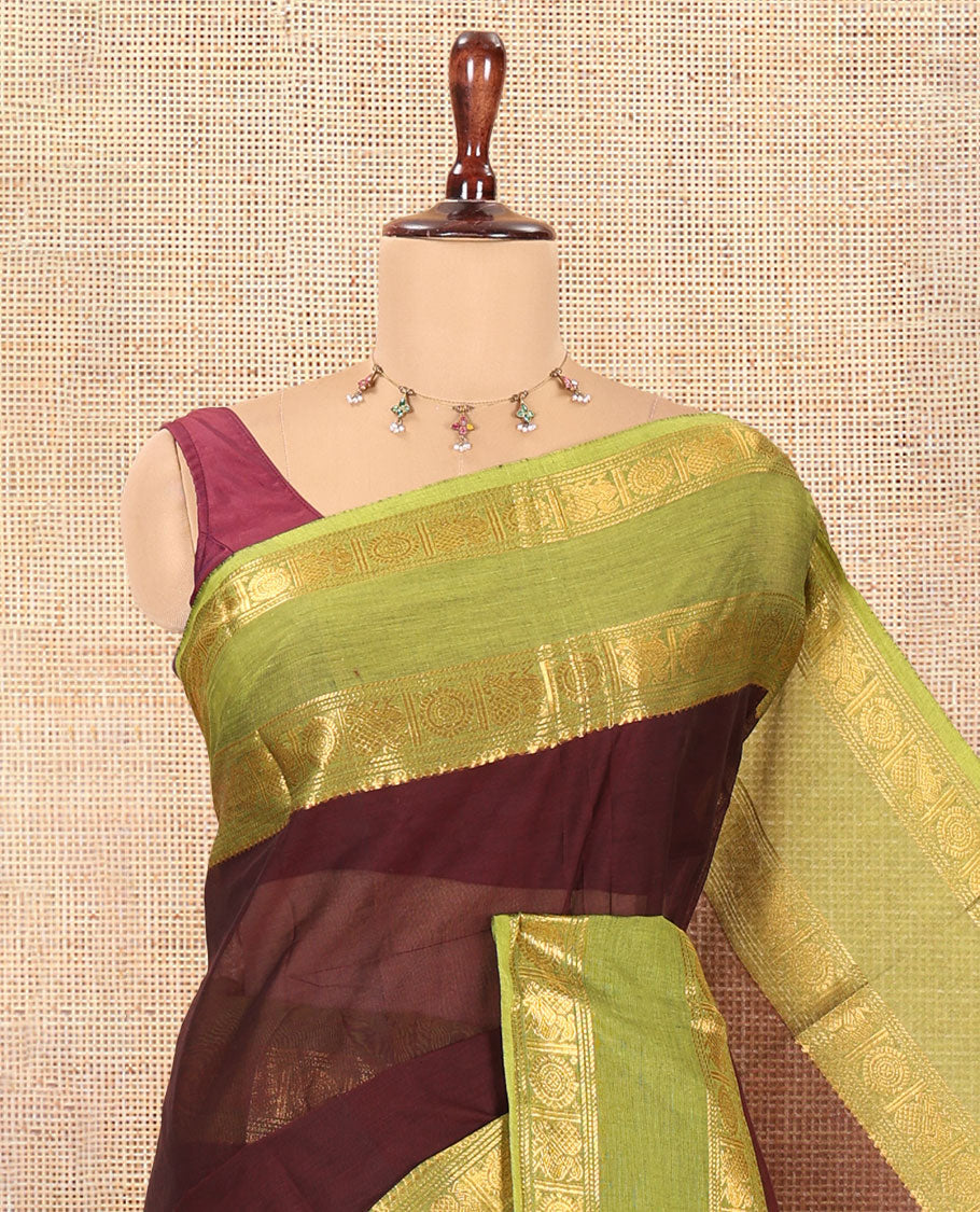 Coffee Brown Plain Chettinad Cotton Saree, a Contrast Rettai Pettu Peacock-Chakra Border, Striped Pallu, a Matching Blouse