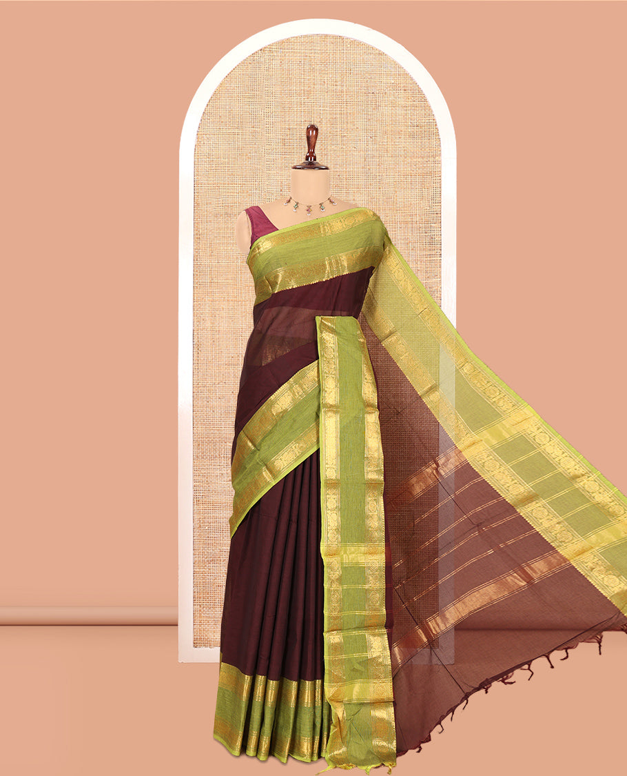 Coffee Brown Plain Chettinad Cotton Saree, a Contrast Rettai Pettu Peacock-Chakra Border, Striped Pallu, a Matching Blouse