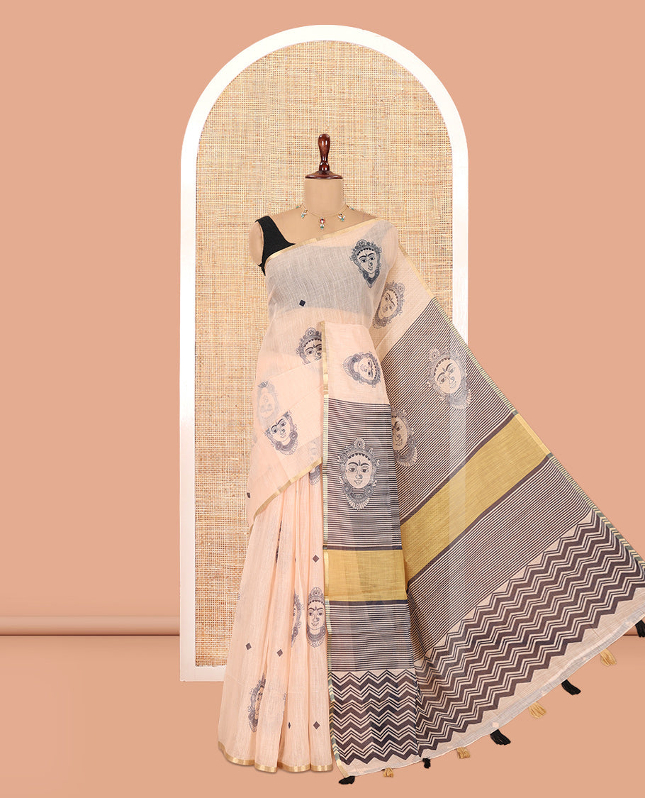 Borderless Chikku Linen Cotton Saree Showcasing Face Print, Contrast Pallu of Chevron Stripes and Face Print, a Contrast Blouse