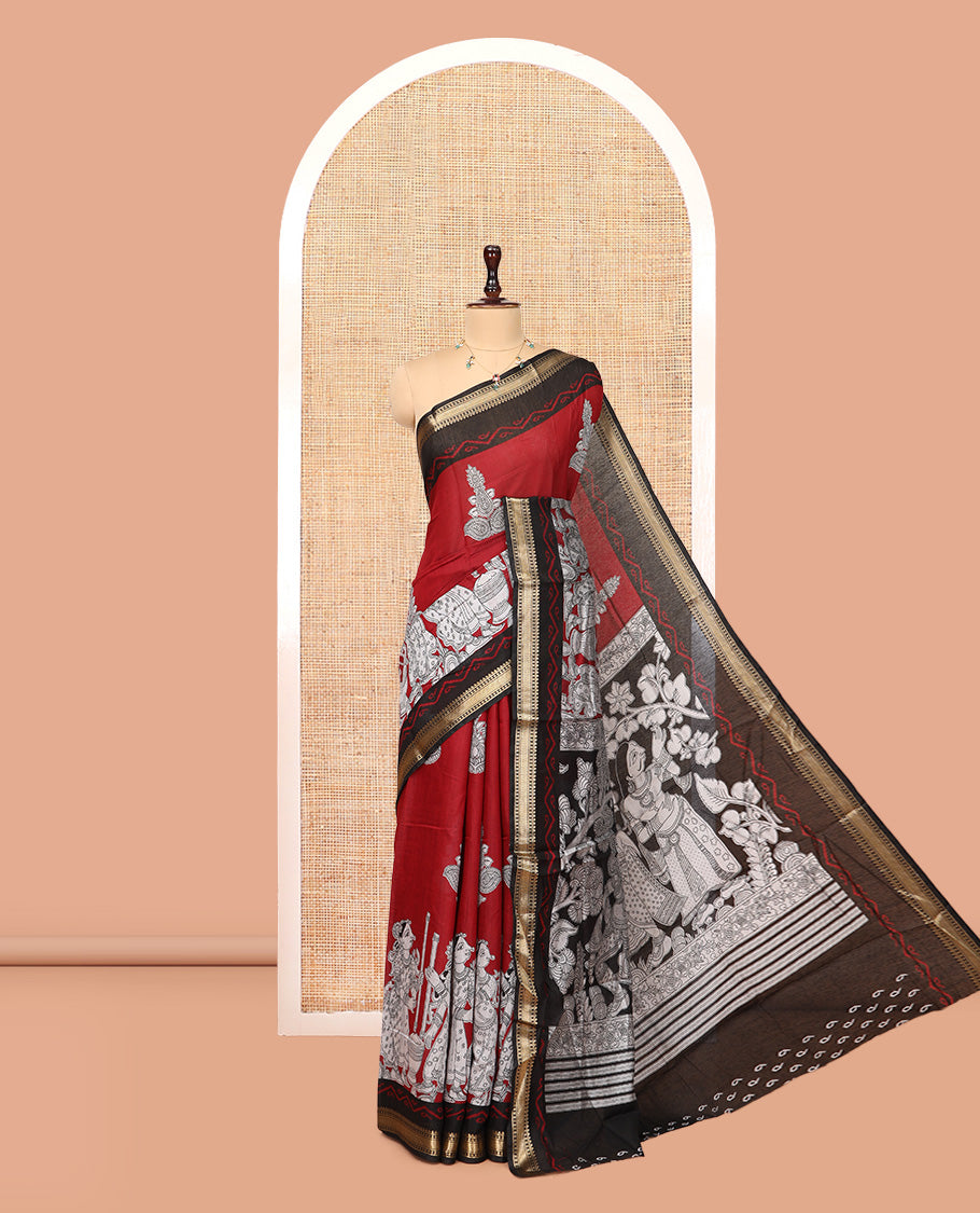 Maroon Chanderi Cotton Saree, Accentuated with Kalamkari Print, a Contrast Zari Border, Kalamkari Pallu, a Contrast Blouse