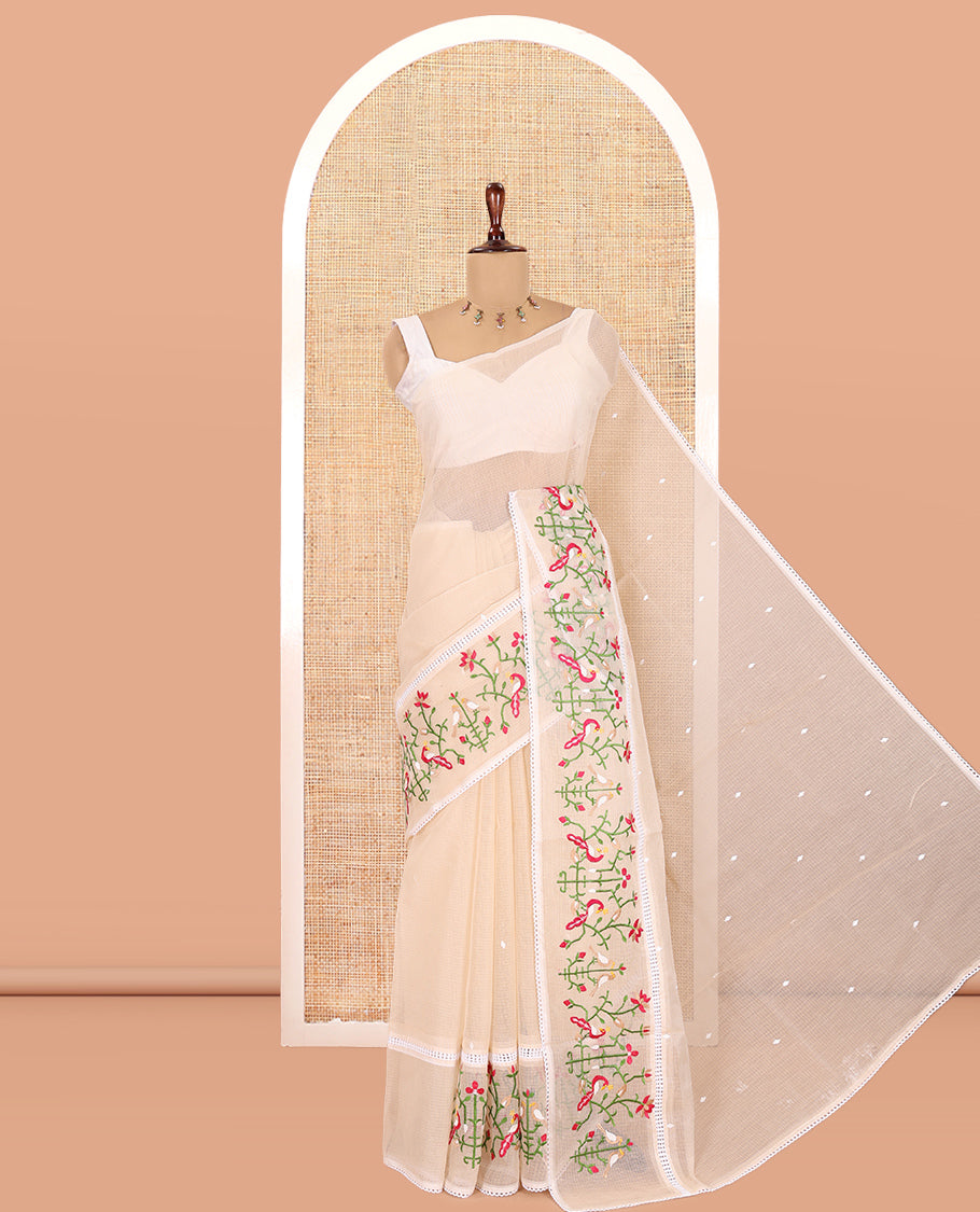 Cream Kota Doria Saree, Subtly Sparkled With Buttas, a Floral-Bird Thread Work Border, a Self-Pallu, a Matching Blouse