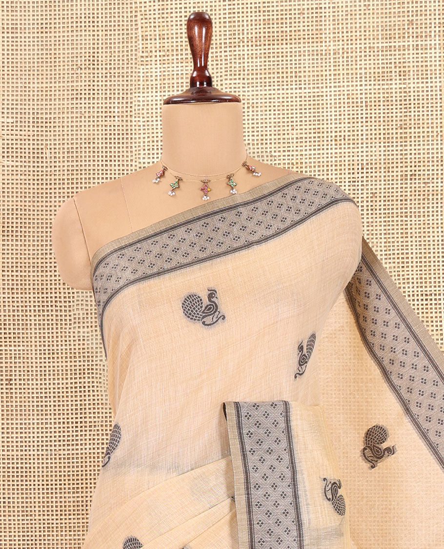 Cream Chanderi Cotton Saree, Woven with Peacock Thread Buttas, a Thread Diamond-Patterned Border, a Peacock Pallu, a Contrast Blouse