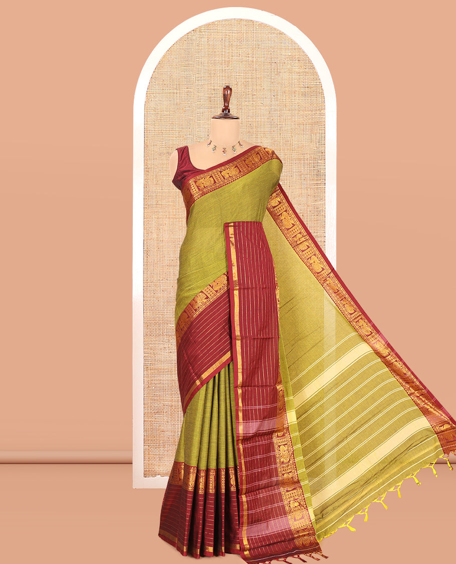 Lime Green Plain Mercerised Cotton Saree