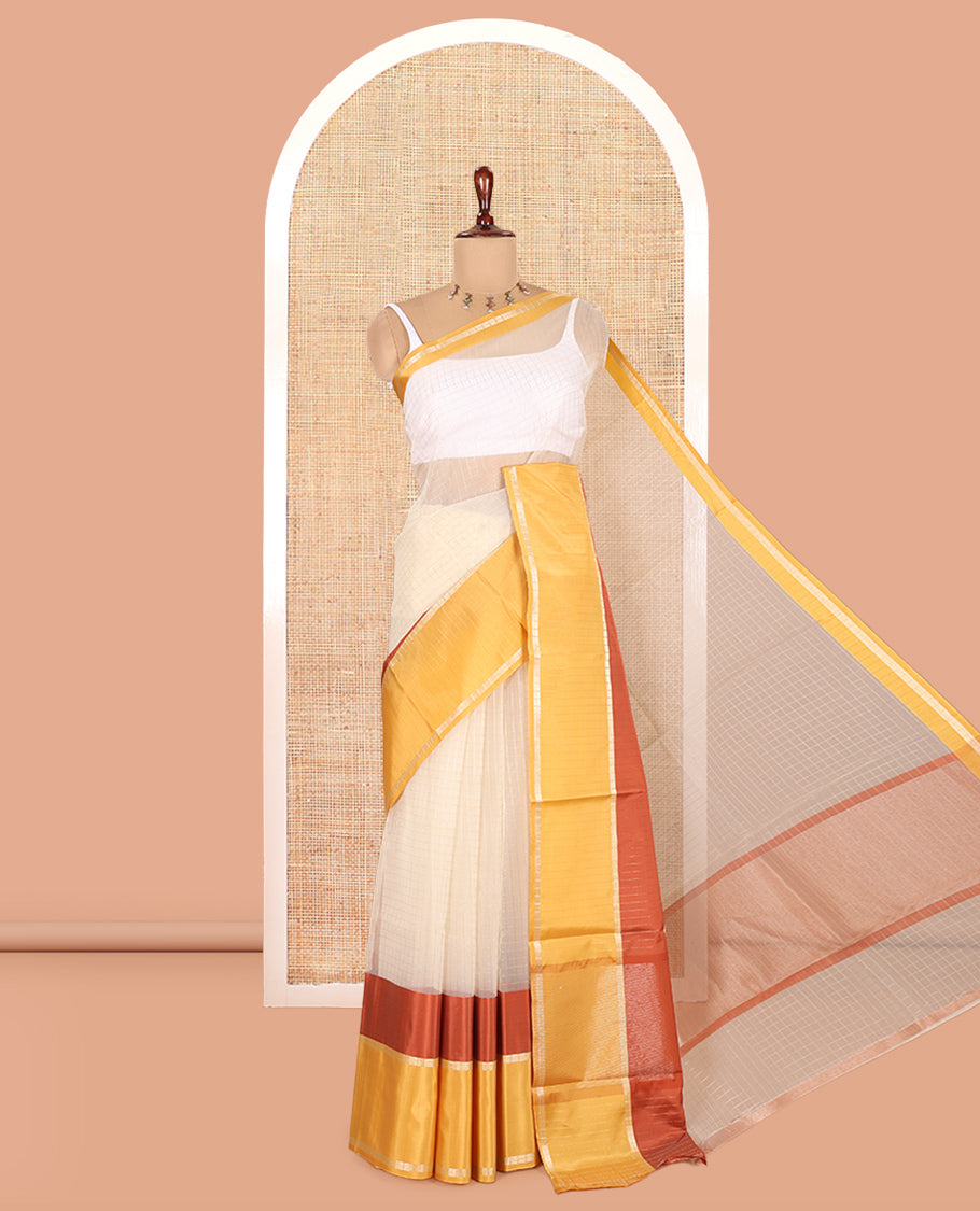 Cream-Rust Semi-Organza Saree