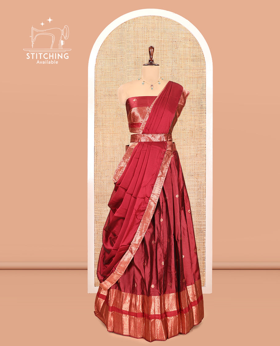 Red Semi-Silk Half-Saree, Adorned with Zari Buttas Woven Skirt, a Rettai Pettu Traditional Border, a Matching Blouse, and Dhavani