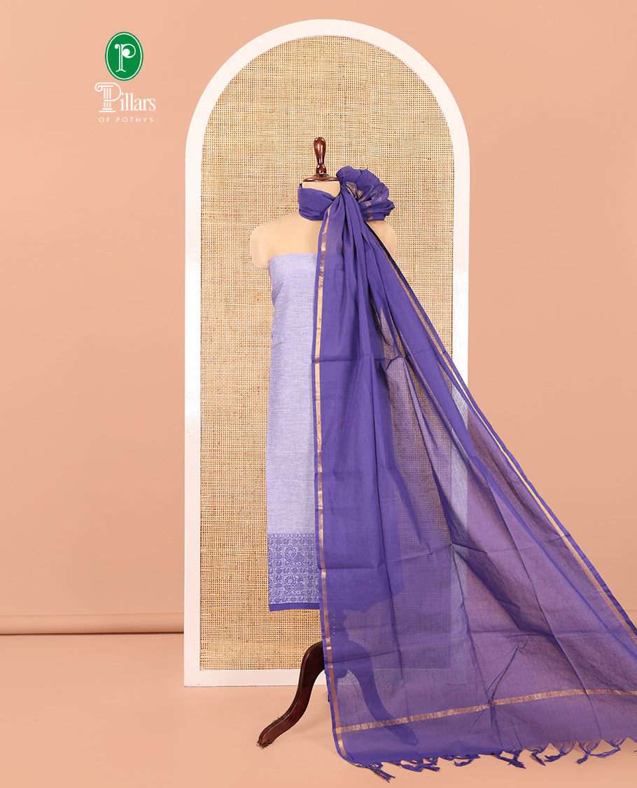 Lavender Handloom Material Chudidar, Peacock-Chakram Motifs-Threaded Top, a Contrast Plain Bottom, and a Contrast Dupatta