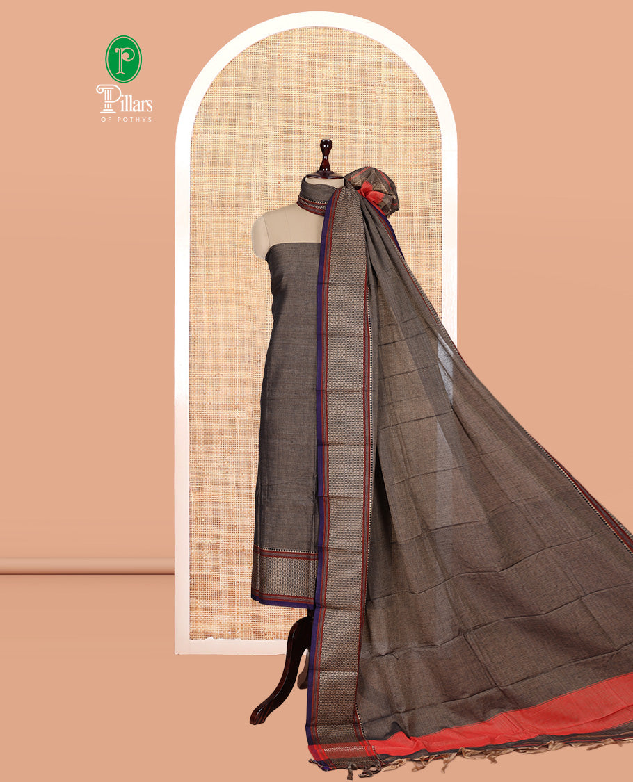 Dark Chikku Mercerised Cotton Material Churidar Features Plain Top, Contrast Traditional Thread Border, Plain Bottom, Matching Dupatta