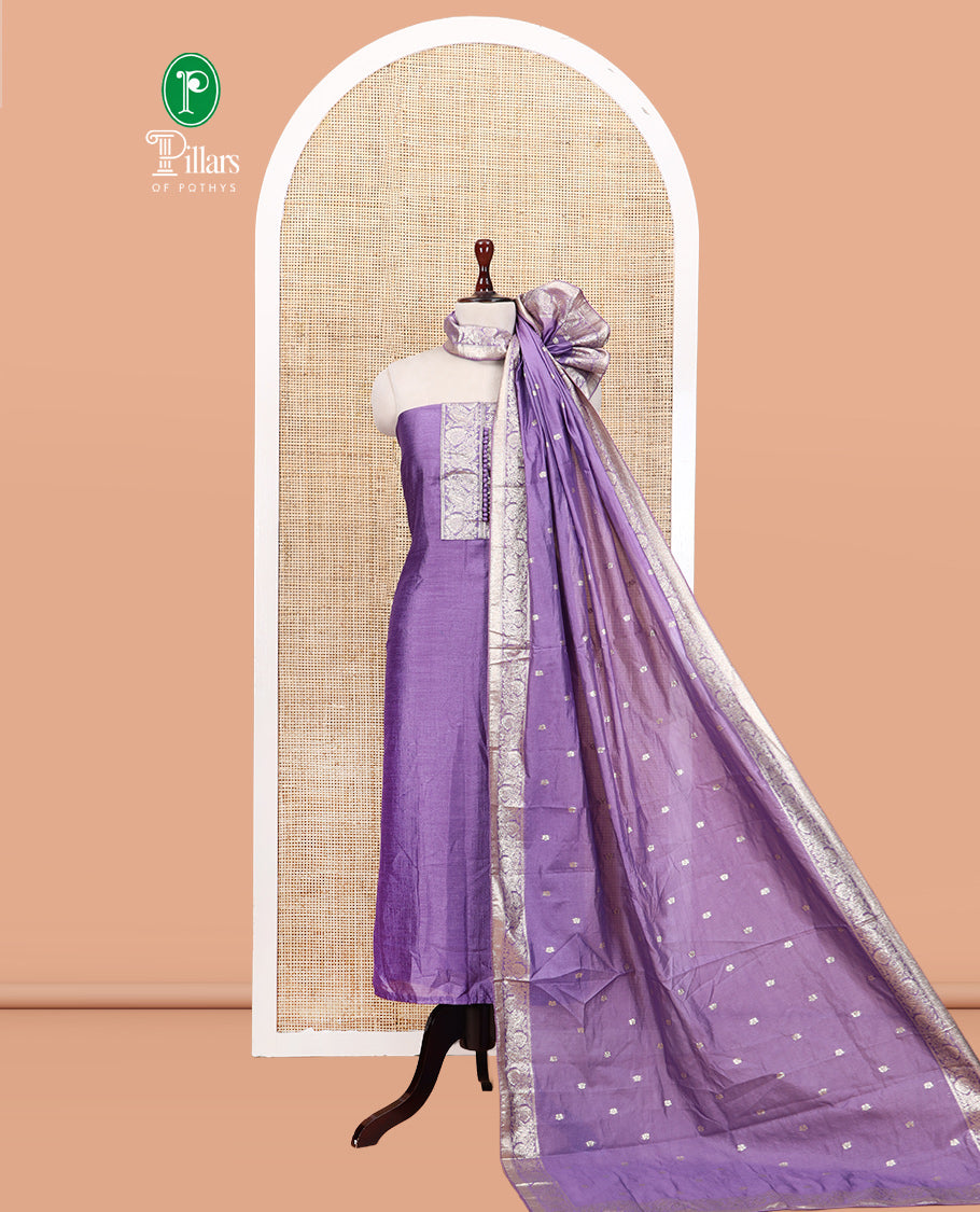 Lavender Material Churidar Set Features Gold Zari Neck Work Top, a Plain Santoon Bottom, a Banarasi Dupatta