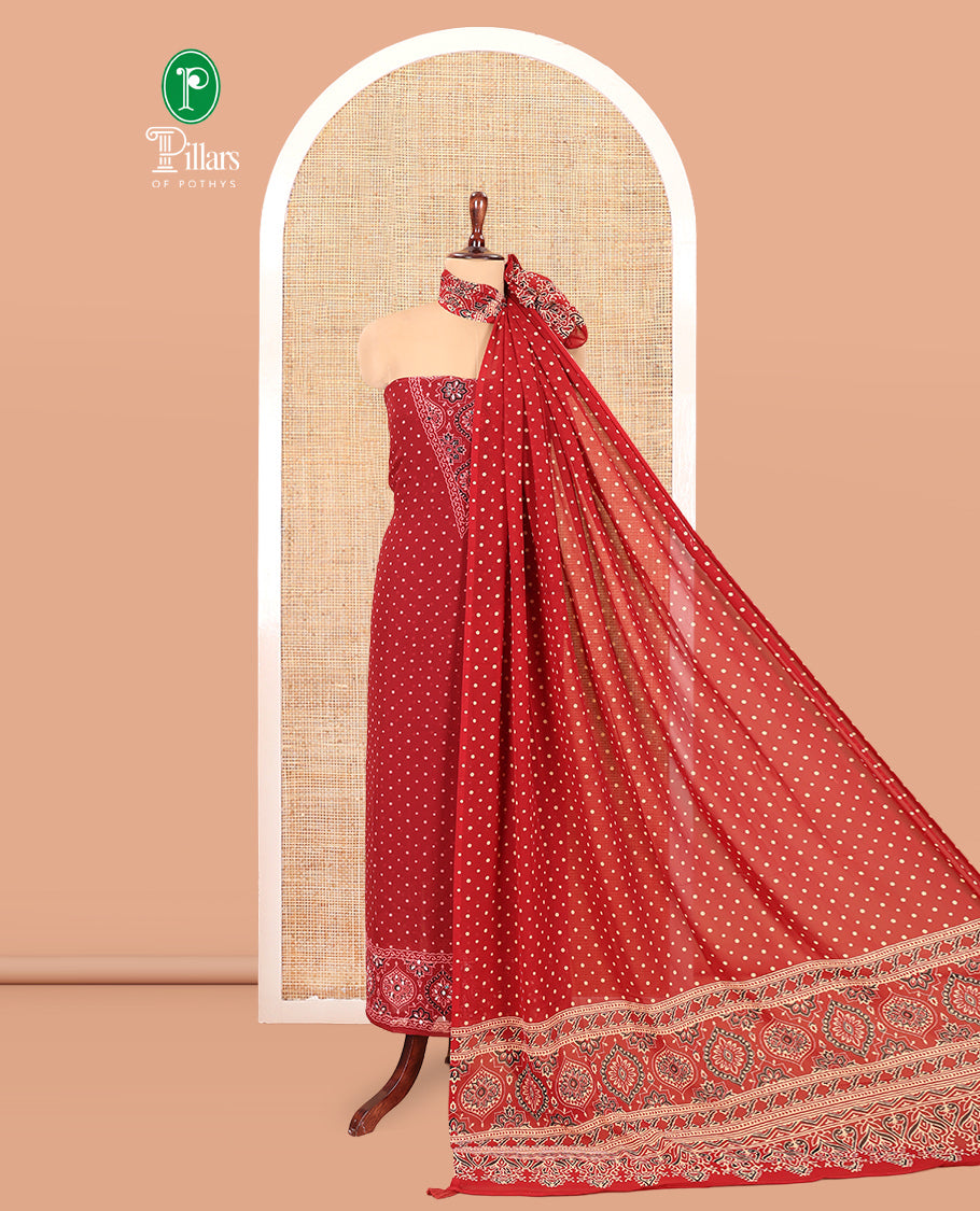 Maroon Georgette Material Churidar Set, Polka Dot and Ajrakh Neck Work Top, a Matching Bottom, and Ajrakh Printed Dupatta