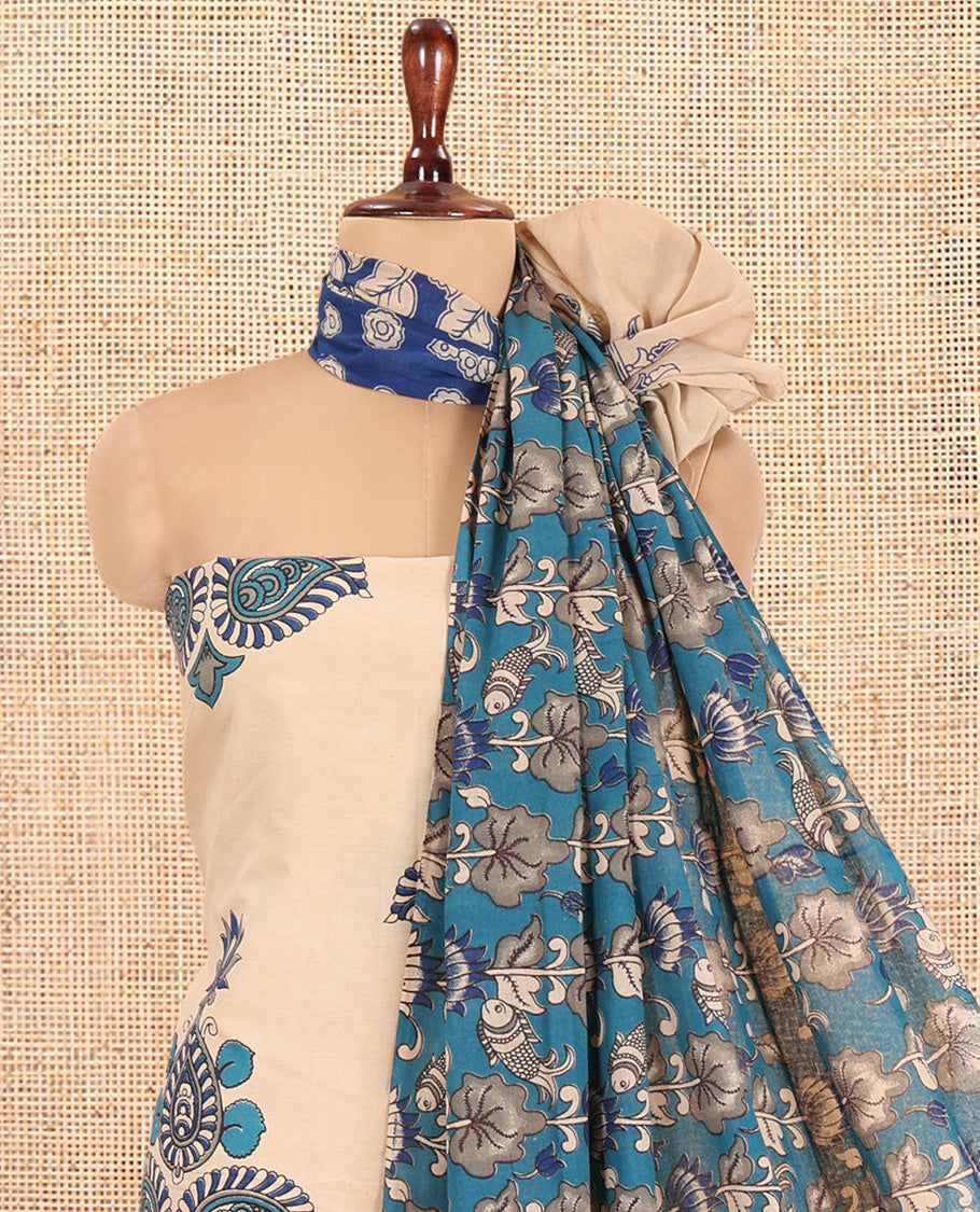 Chikku-Blue Cotton Material Chudidar, Kalamkari Print Skirt, Contrast Bottom, Kalamkari Print Dhavani