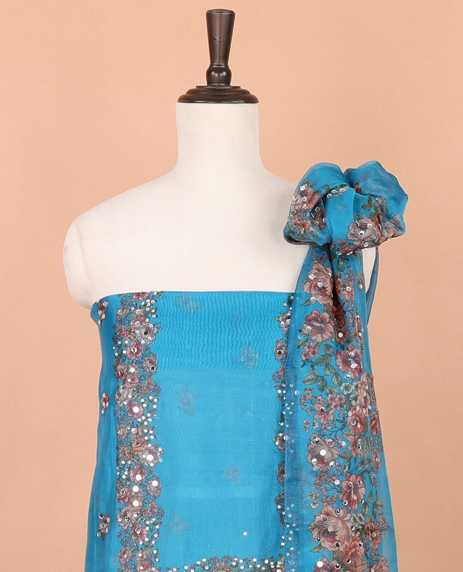 Blue floral print, stone, mirror work organza chudidhar material top with santoon material pant & floral print, mirror work dupatta