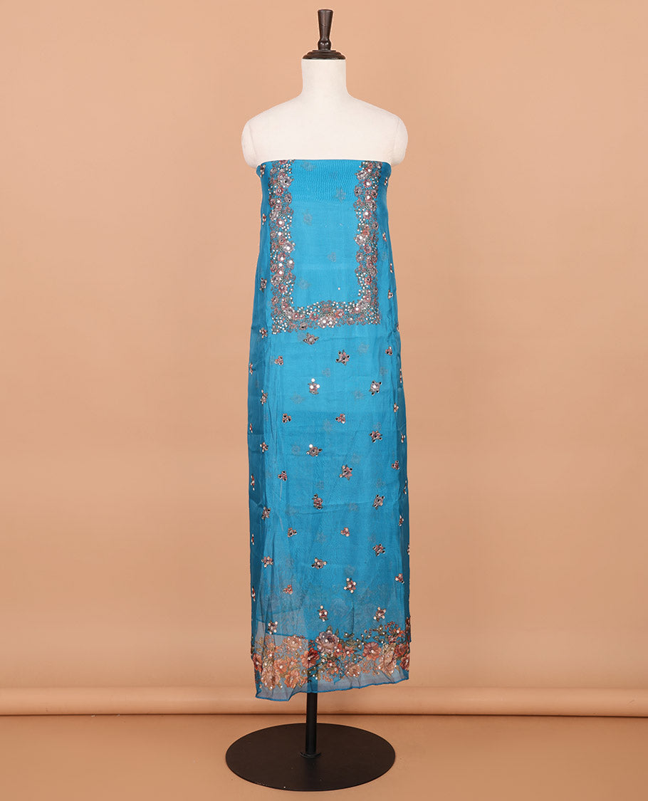 Blue floral print, stone, mirror work organza chudidhar material top with santoon material pant & floral print, mirror work dupatta